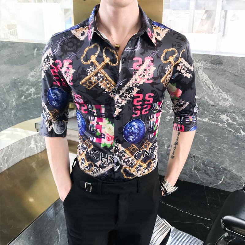 

Luxury Print Men Shirt Casual Slim Fit Streetwear Social Shirt Short Sleeve Brand Night Club Party Tuxedo Blusa Chemise Homme, Black