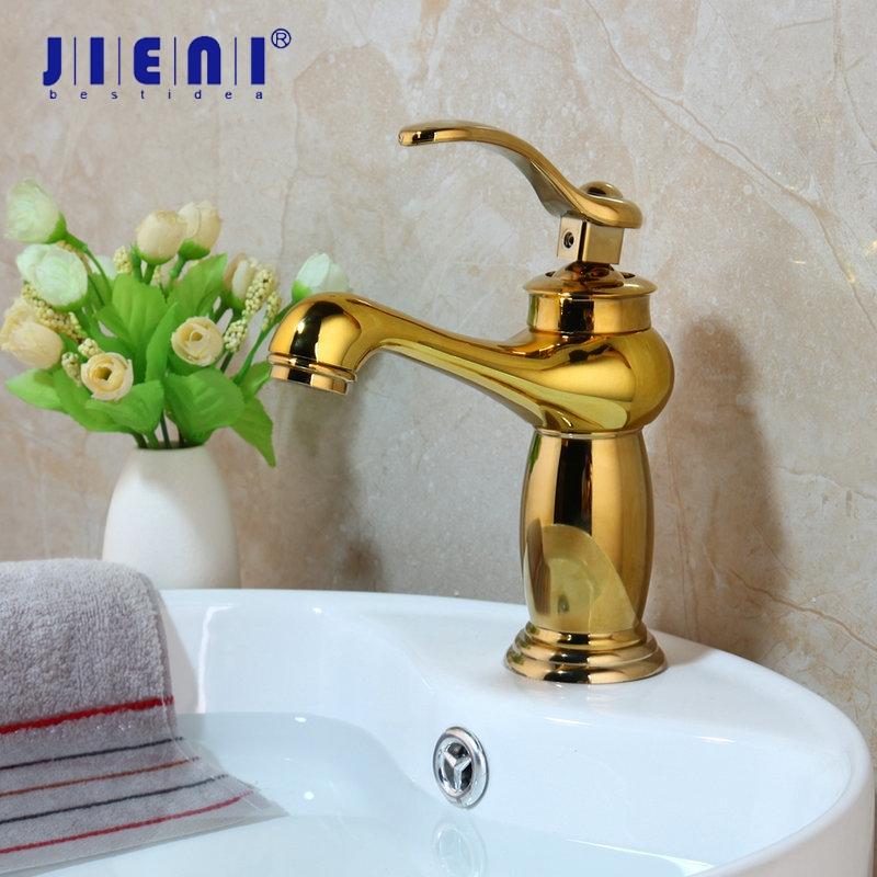 

JIENI Solid Brass Faucet Golden Polished Bathroom Basin Faucet Deck Mounted Vanity Mixer Tap Plumbing Fixture Stream Spout Tap