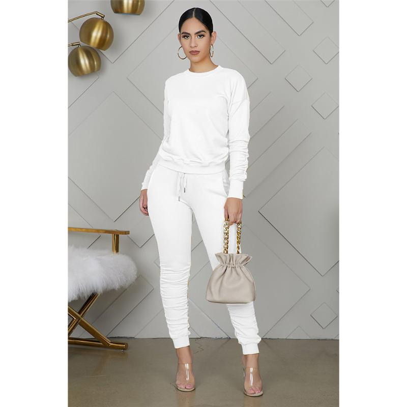 

Women Spring Autumn Sports 2 Pieces Outfit Long Sleeve Ruched Round Neck Pullover Tops Elastic High Waist Slim Pants Tracksuit, White