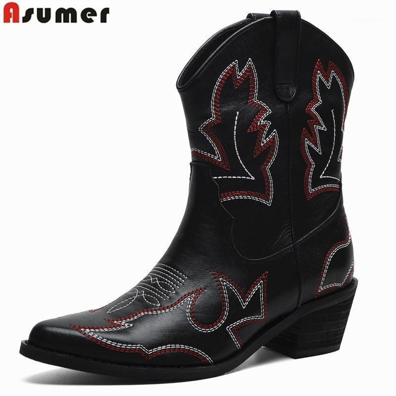 

ASUMER 2020 new Genuine leather boots women embroidery european western boots pointed toe cowboy ladies ankle women's shoe1, Red