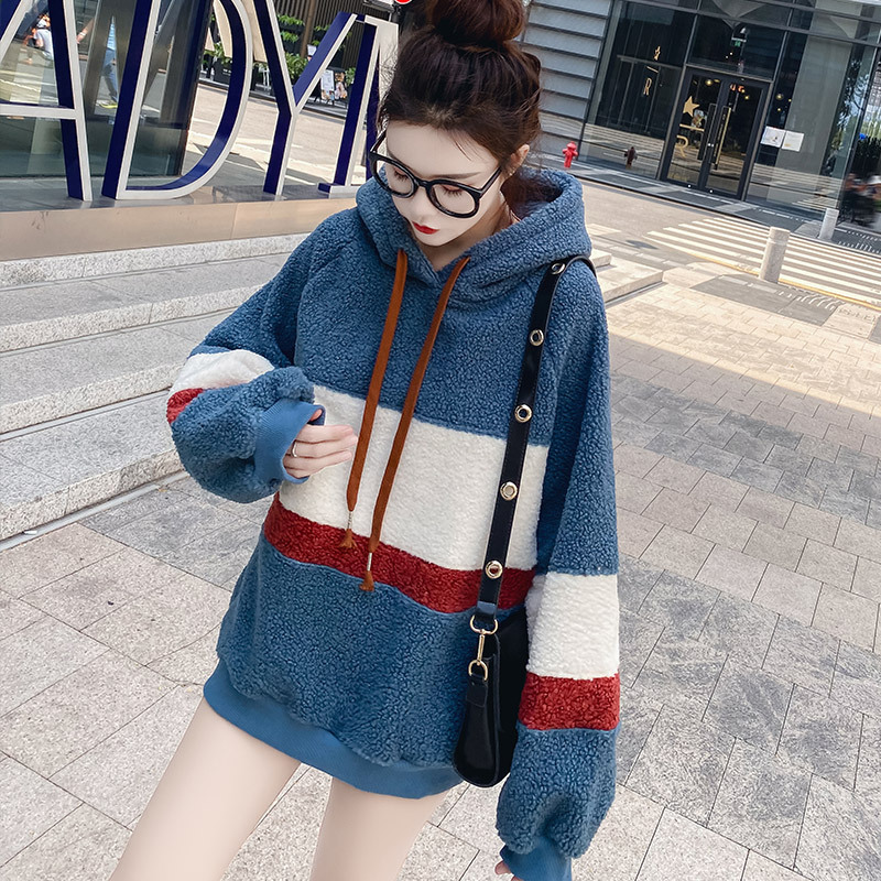 

Women Fashion Hoodies Sweater Women' Autumn and Winter New Loose and Velvet Thick Hooded Patchwork Contrast Color Sweatshirts Hot Sale, Blue