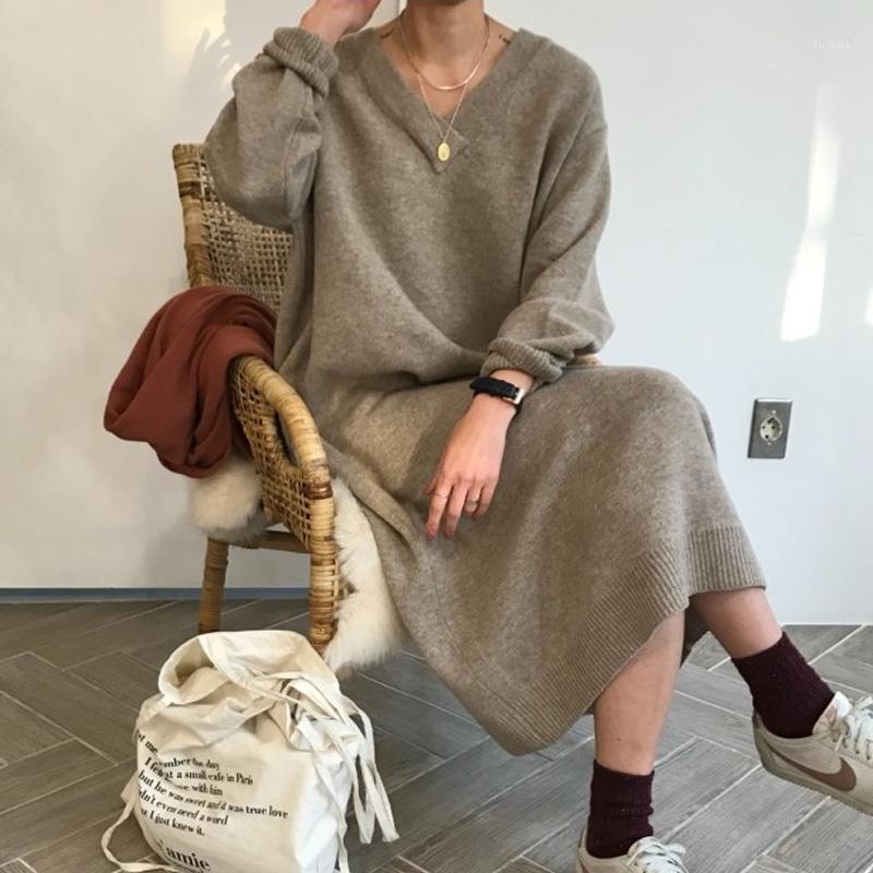 

Autumn Winter Plus Size Women' Knit Dress Loose Casual V-Neck Long Solid Knitted Maxi Long Sweater Dresses Vestidos 2020 4XL1, Photo color 2