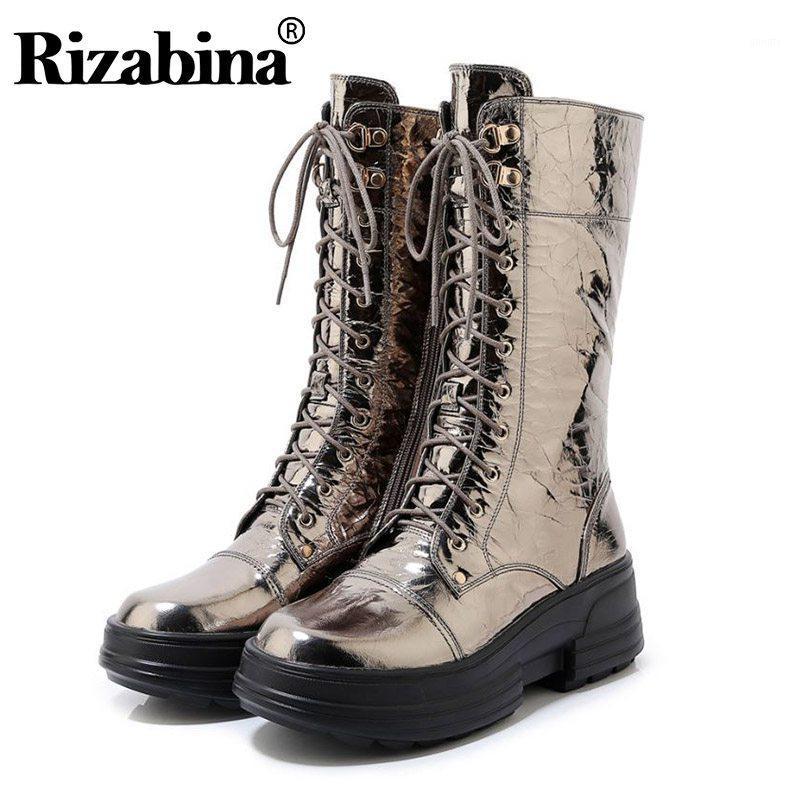 

RIZABINA Thick Bottom Genuine Leather Mid Calf Boots Women Zipper Round Toe Leisure Shoes Winter Warm Shoes Women Size 34-391, Gun