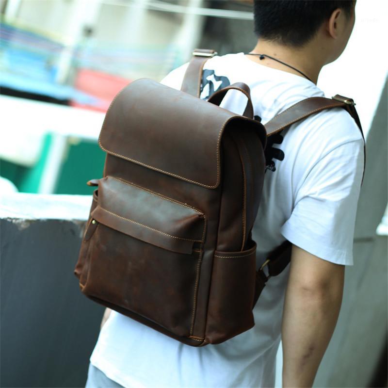 

Nesitu High Quality Vintage Brown Thick Durable Genuine Crazy Horse Leather 14'' Laptop Men Backpack Male Travel Bags M0321