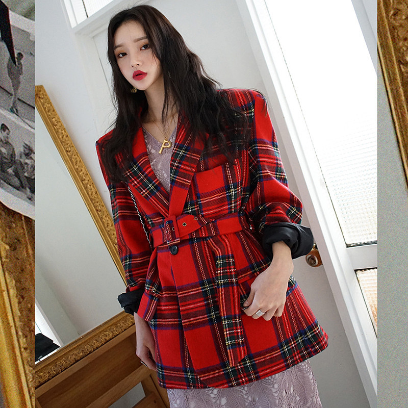 

2021 New Women Fancy Korean Blazer Autumn Retro Plaid Lapel a Button Waist Strap Long Sleeve Red Vintage Jacket Women's Jackets DJ0O