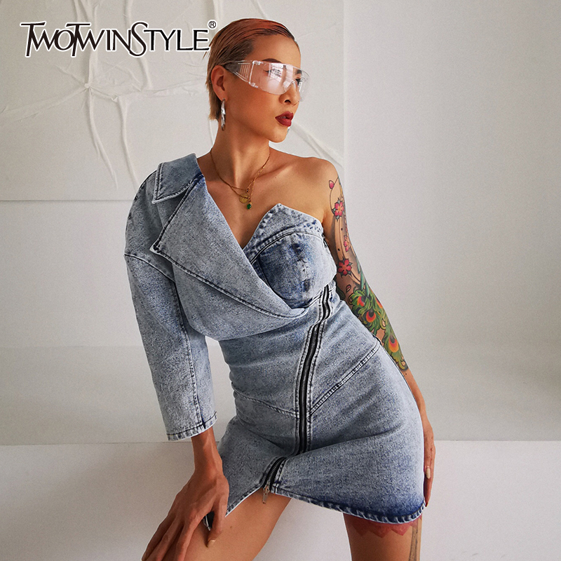 

TWOTWINSTYLE Sexy Denim Asymmetrical Dresses Female Irregular Collar Long Sleeve High Waist Mini Summer Dress Women Clothes Tide LJ200909