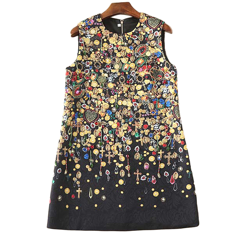 

Xf 2021 Runway Fashion Designer High Quality Jacquard Lady Without Sleeves Gold Frizzy Flower Print Dress Nz26, Black
