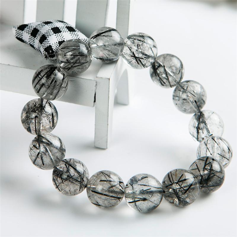 

15mm Genuine Brazil Natural Black Rutilated Quartz Bracelet Stretch Crystal Clear Round Bead Power Bracelet Drop Shipping