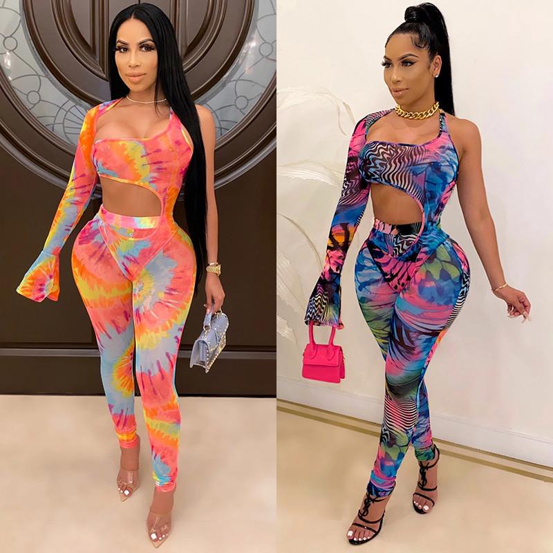 

HIRIGIN Sexy Wome' Set Off Shoulder Single Flare Sleeve Bodysuit Jumpsuit Hollow High Waist Long Pants Tie Dyeing Print Suit