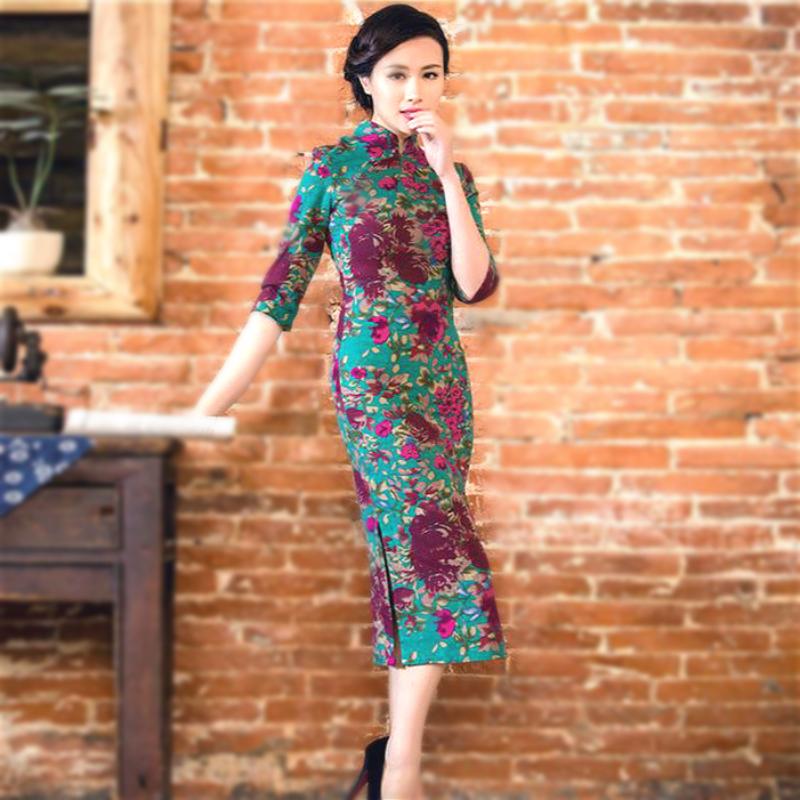 

SHENG COCO Chinese Classic Women's Qipao Elegant Novelty Long Mid-sleeve Linen Cheongsa Slim Dress S-3XL New High Fashion