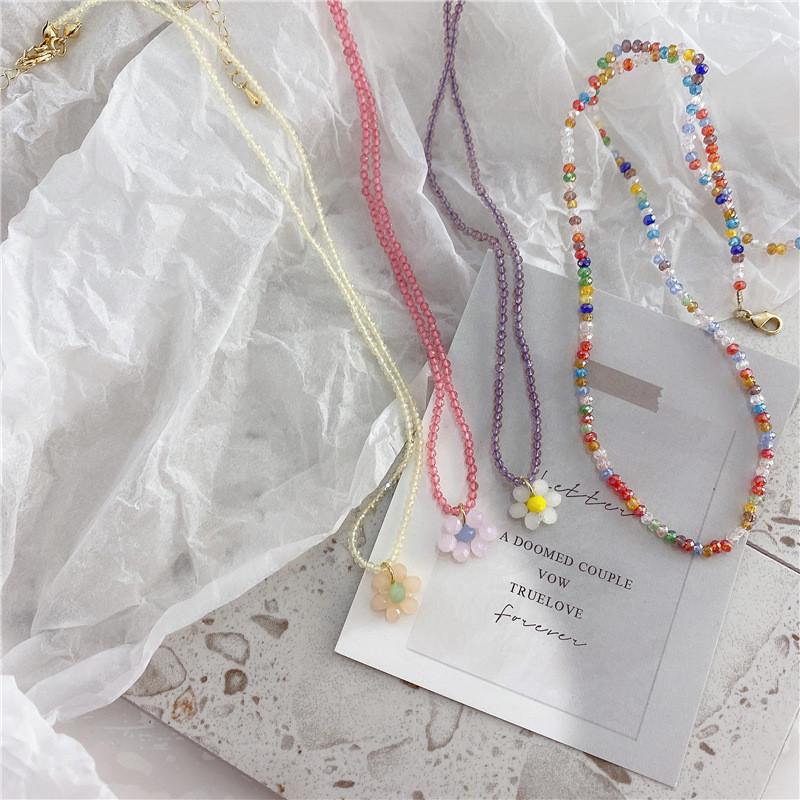 

2020 Kpop Summer Vintage Aesthetic Colorful Bead Rainbow Flower Necklace For Women Egirl Friends Party Boho Jewelry Accessories