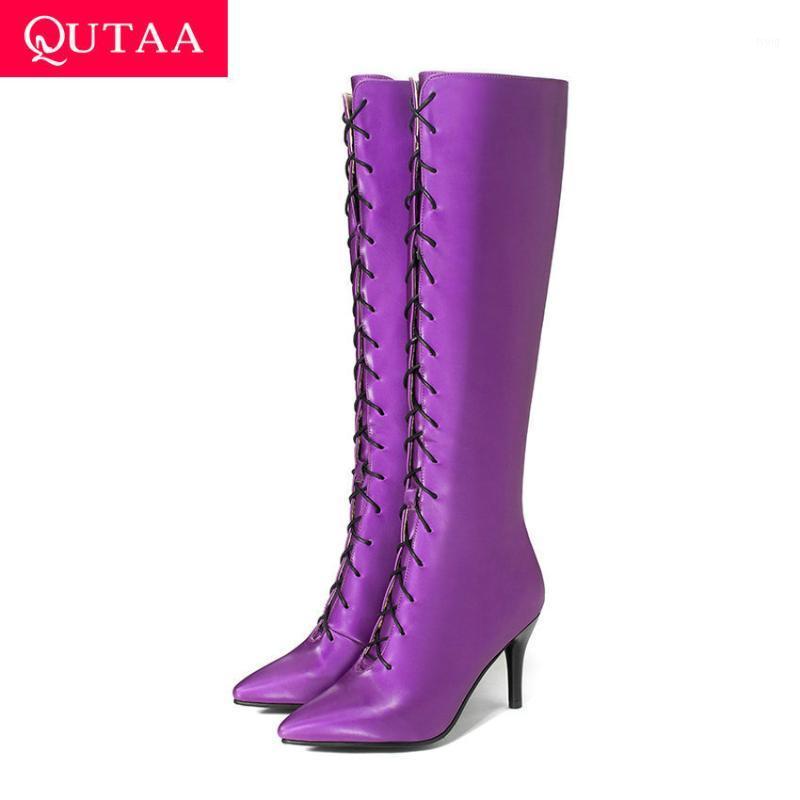 

QUTAA 2020 Women Boots Fashion Pointed Toe Thin High Heel Lace Up Knee High Boots Zipper Satin All Match Long Size 34-431, Beige