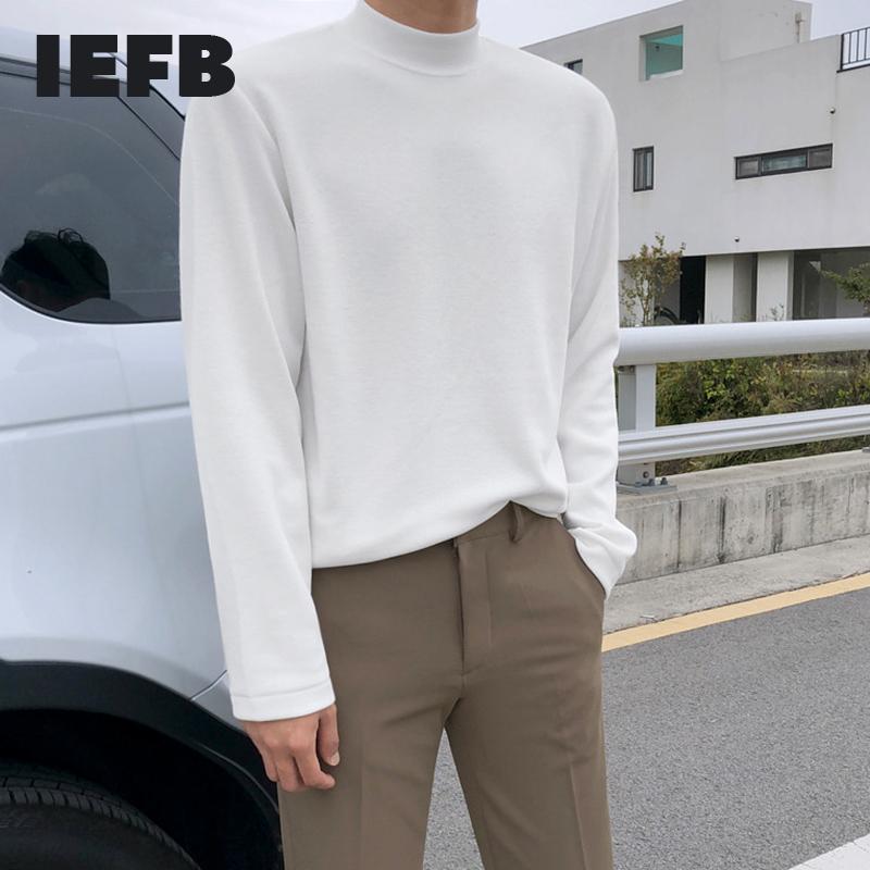 

IEFB half high collar long sleeve basic kintted sweater for men loose autumn winter white black bottomed trend tops male 9Y4541