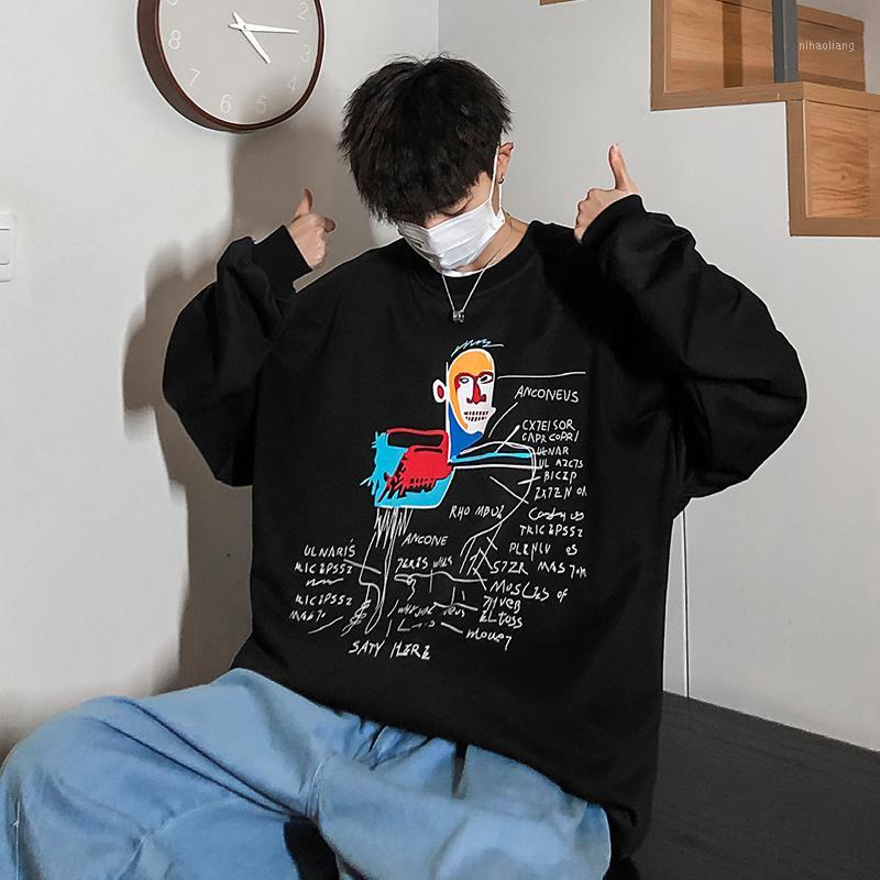 

2020 Spring And Autumn New Youth Graffiti Printing Loose Sweatshirt Fashion Casual Round Neck Wild Pullover White/Black/Blue1