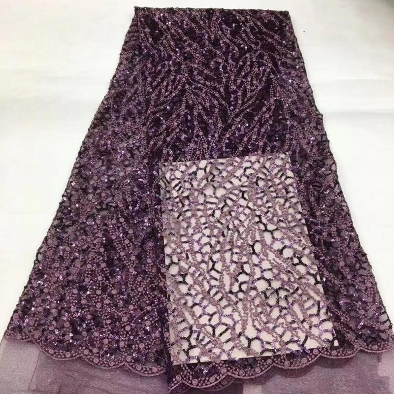 

Latest African French Lace Fabric With Sequins pink For Sewing Wedding Dress 2020 High Quality Organza Tulle Lace Fabric Purple