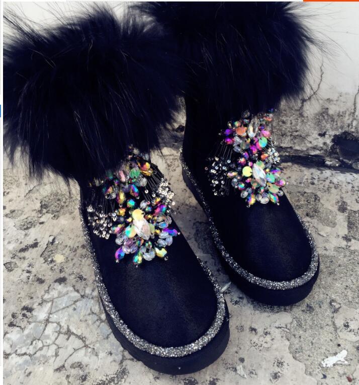 

2020 Handmade Winter Big Rabbit Lift Rocks Lantejoulas Crosta Gross Snow Boots Leather Women A46l, Black