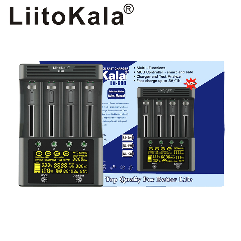 

LiitoKala Lii-600 LCD Display Battery Charger For Li-ion 3.7V NiMH 1.2V 18650 26650 21700 26700 AA AAA Rechargeable Batteries Test battery capacity