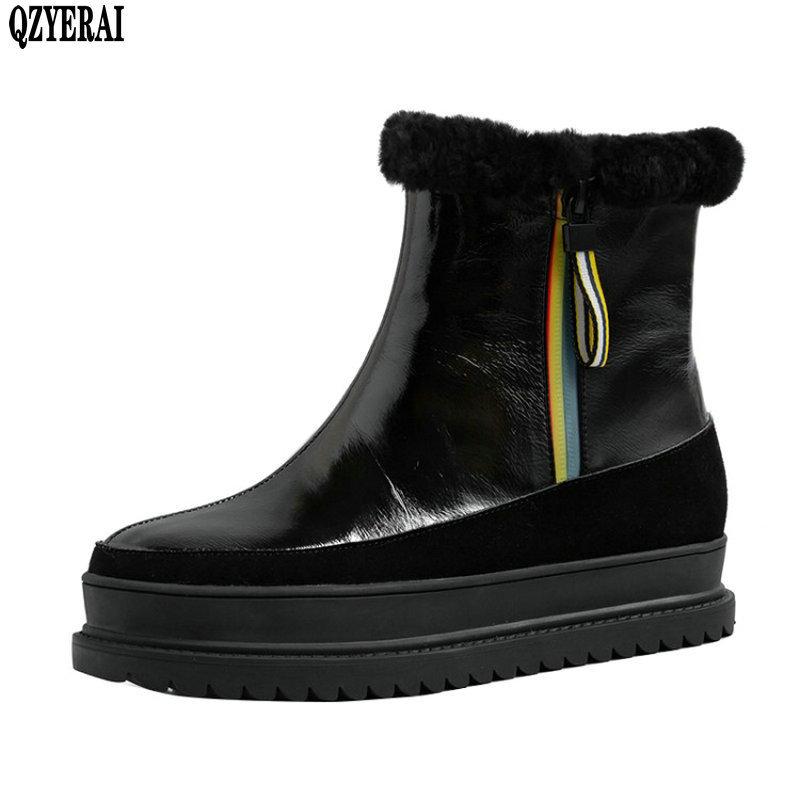 

2020 Waterproof Women Snow Boots 100% Genuine Leather Wool Platform Ankle Boots For Women Winter Fur Warm Flat Shoes, Black