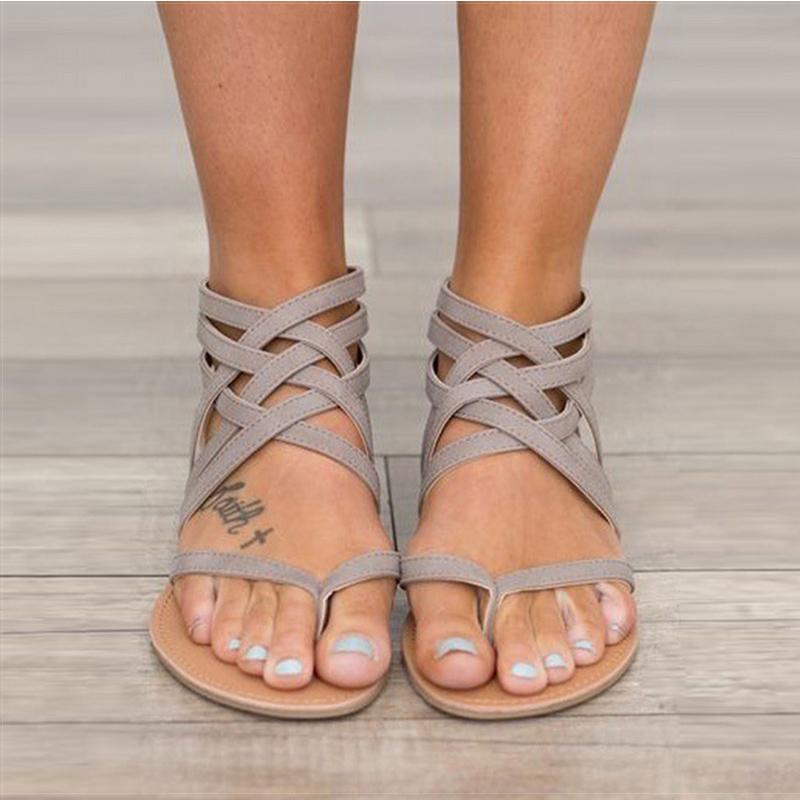 

Fashion Women Sandals Gladiator Sandals For Women Summer Shoes Female Flat Rome Style Cross Tied Shoes 43, Gray