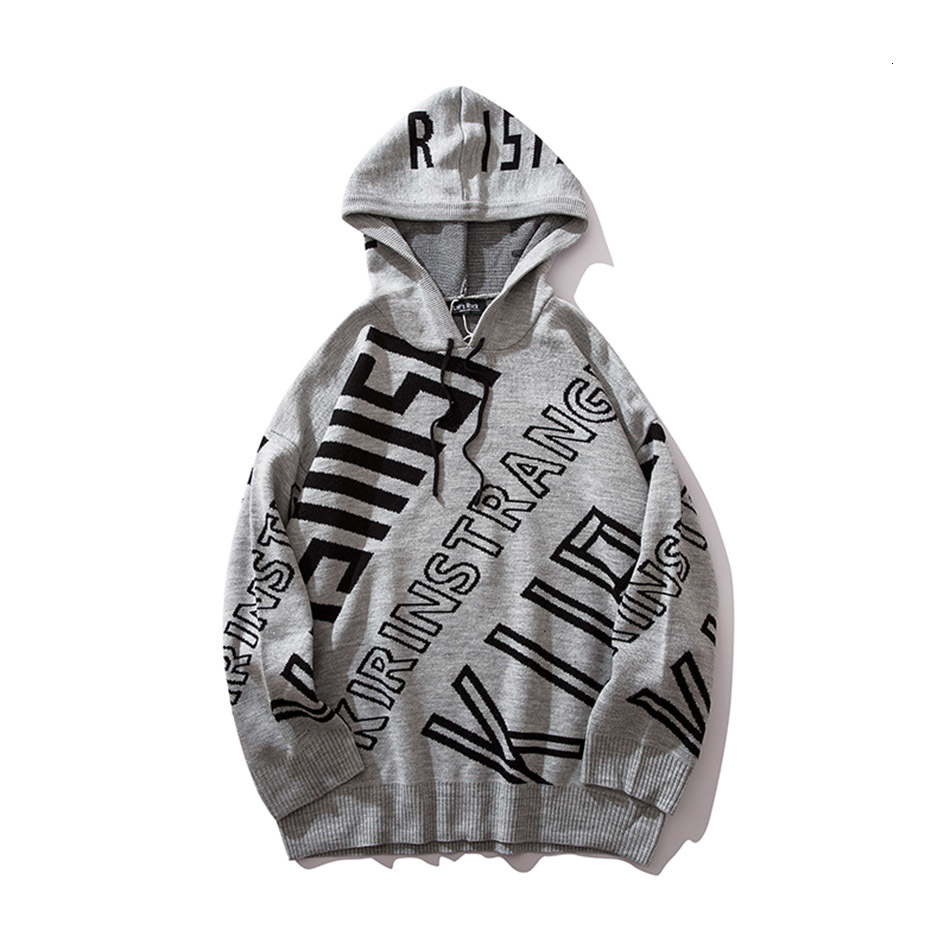 

2021 New Autumn Men Pull Homme Long Sleeve Korean Hooded Sweaters Oversize Personality Letter Jacquard Loose Sweater Ttiz, Gray