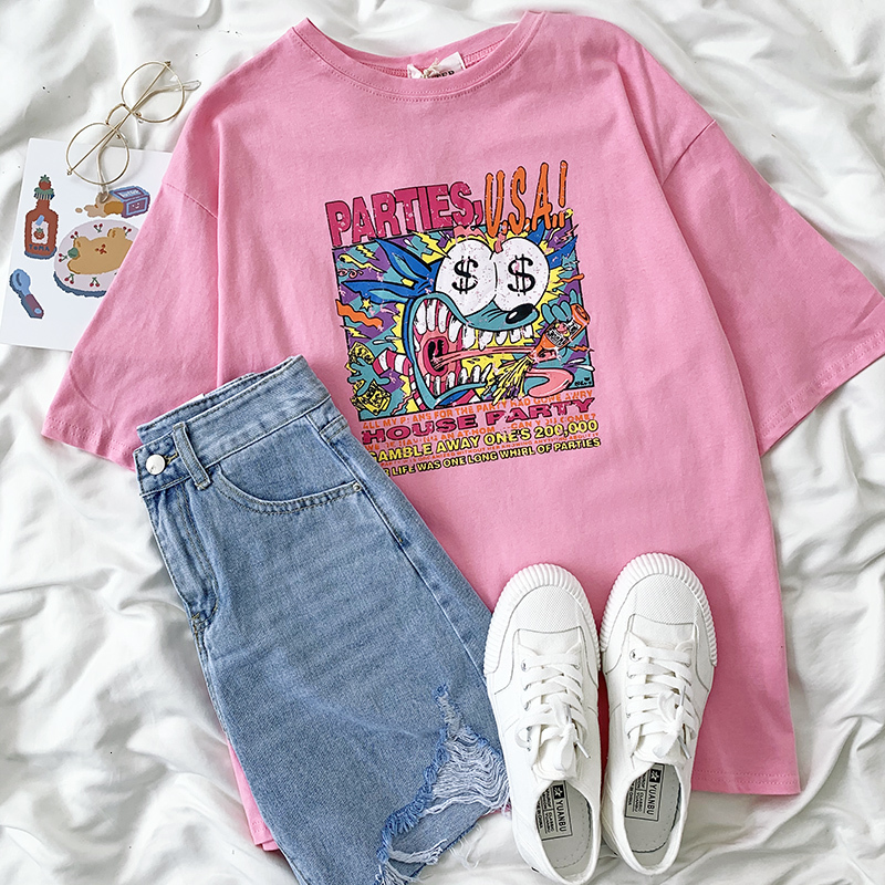 

2021 New summer Korean cartoon style print short sleeves top harvest for women women' t-shirts (n0009) W882, Pink