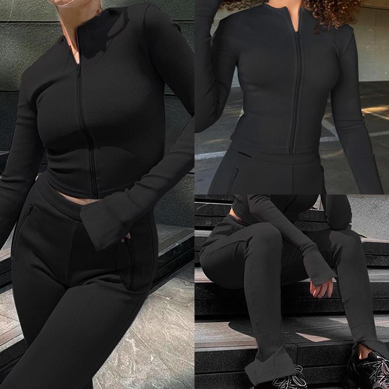 

2 Piece Set Women Activewear Zipper Crop Top Leggings Fitness Elastic Ladies Tracksuit Female Women, Black