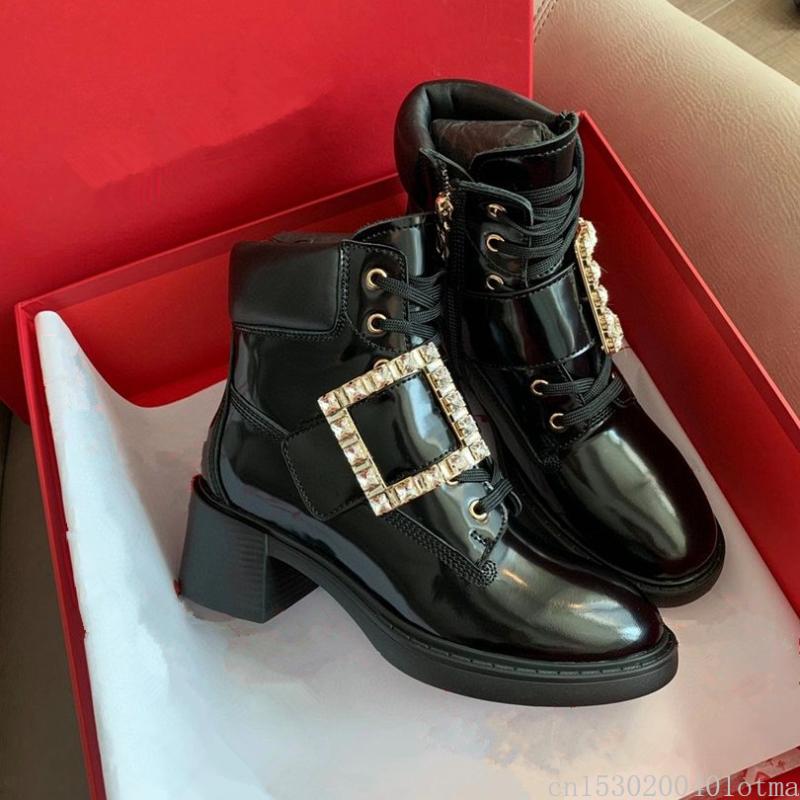 

DesignerCrystal Buckle Decor Women Ankle Boots Genuine Leather Lace Up Martin Boots Black Autumn Winter Combat Short Women
