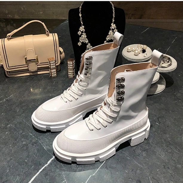 

2021 Genuine Leather Women Ankle Luxury Rentals Martin Fahsion Lace Up to Motorcycle Boots Winter 4ez8, The picture