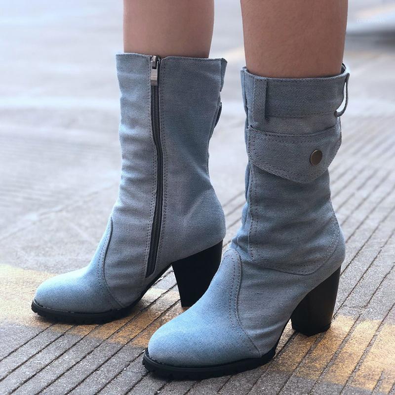 

Puimentiua Denim Shoes Women Fashion Mid-calf Boots Square Heel Bohemia Style Motorcycle Boots Cowboy Winter Women1