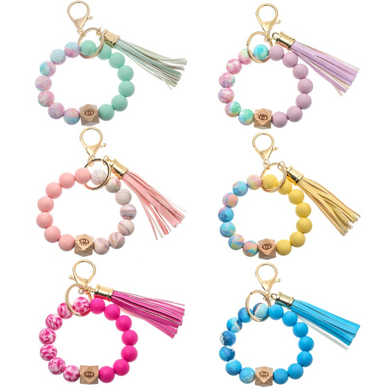 

Colorful Silicone Beaded Bracelet Keychain Ladies Girls Tassel Keyring Jewelry Accessories