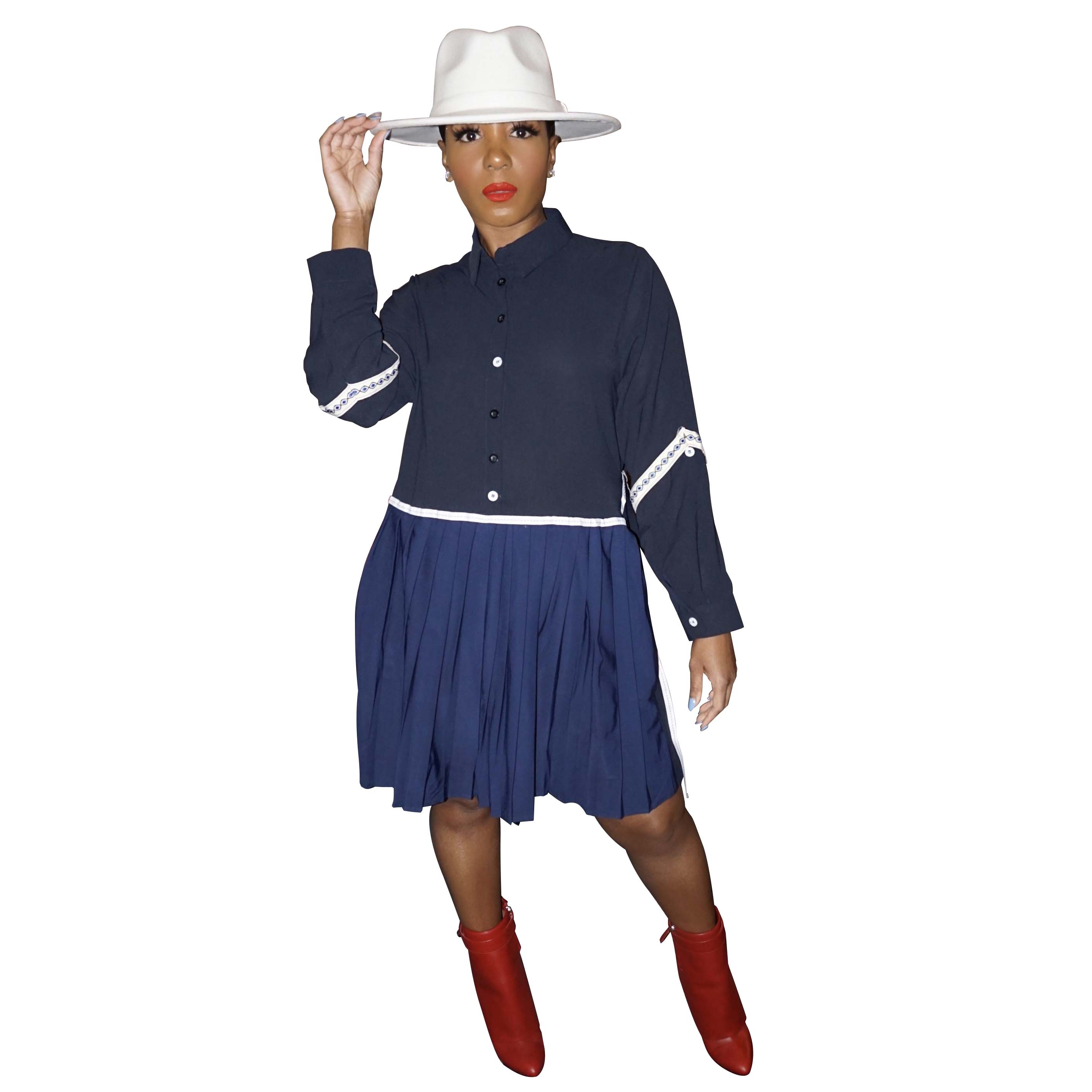 

Women's shirt European and American style fashion casual loose pleated hem long shirt, Blue