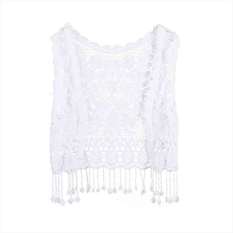 

toddler kids baby girls cover up solid crochet lace hollow cardigan sleeveless swimwear beach summer tassels waistcoat, White;black