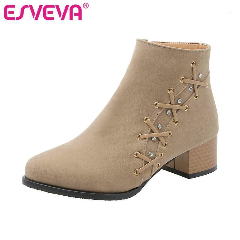 

ESVEVA 2020 Women Shoes Ankle Boots Pointed Toe Sexy Western Style Suede Zipper Med Heel Motorcycle Platform Boot Size 34-431, Black