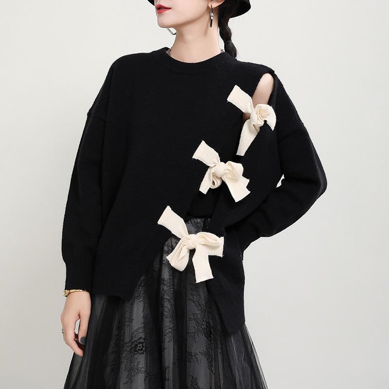 

TRODEAM Sweaters For Women Fashion Korean Style Long Sleeve Loose Hollow Bow Knitted Sweater Tops Witer 2021 Female Clothing, Black