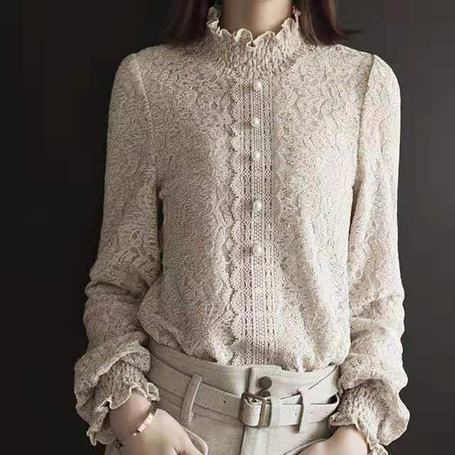 

2021 New Spring Lantern Long Sleeve Lace Blouse Women Elegant Retro Pullover Blouses Shirt Female Top Blusas T1sa, Beige