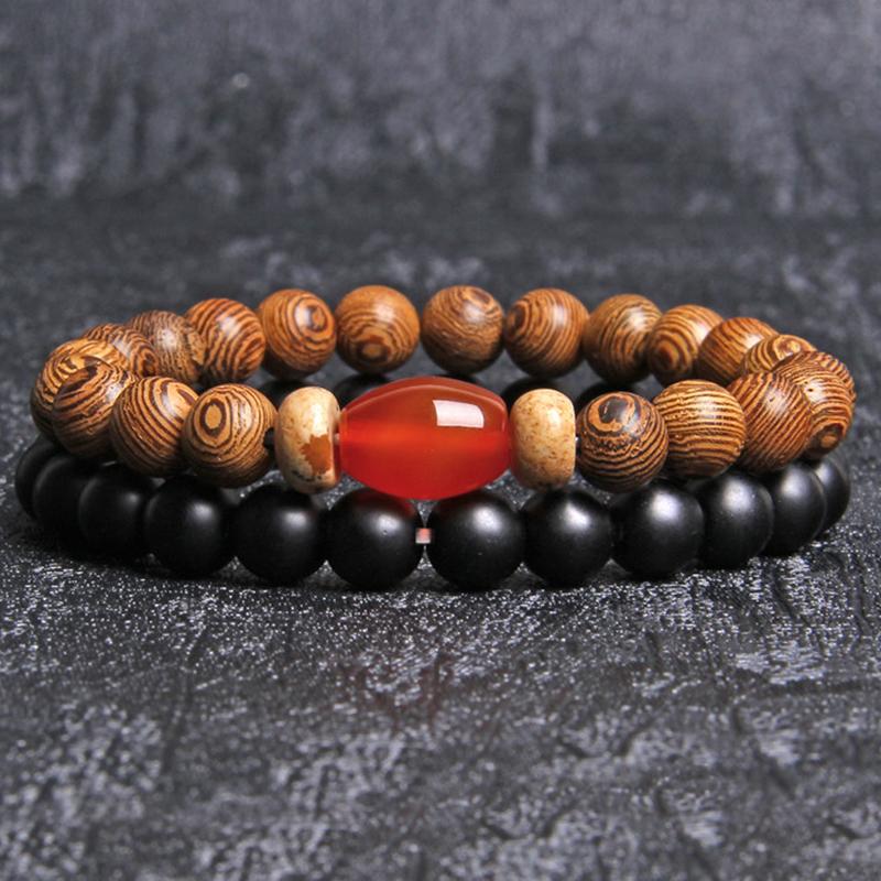 

Fashion 2pcs Couple Distance Bracelet Natural Matte Black Onyx Beads Bracelet Men Red Agates Beads Charm Jewelry Unisex