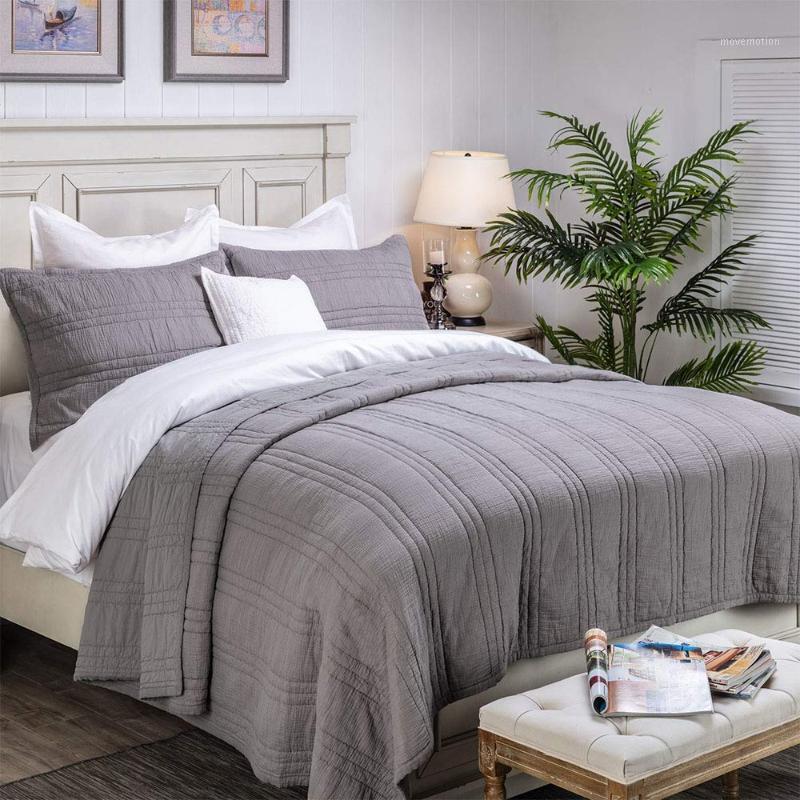 

OMSHOUSE Zen Collection 2 Layers Cotton Crinkle Gauze Stripe Embroidery Bedding Bedspread Quilt sets bed spread1, Cream