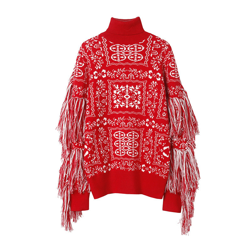 

2021 Tasseled Shirts High Fashion Low-fashion Turtlenecks Crocheted Pullovers New Female Pattern Thick Jumpers 1HFG, Red