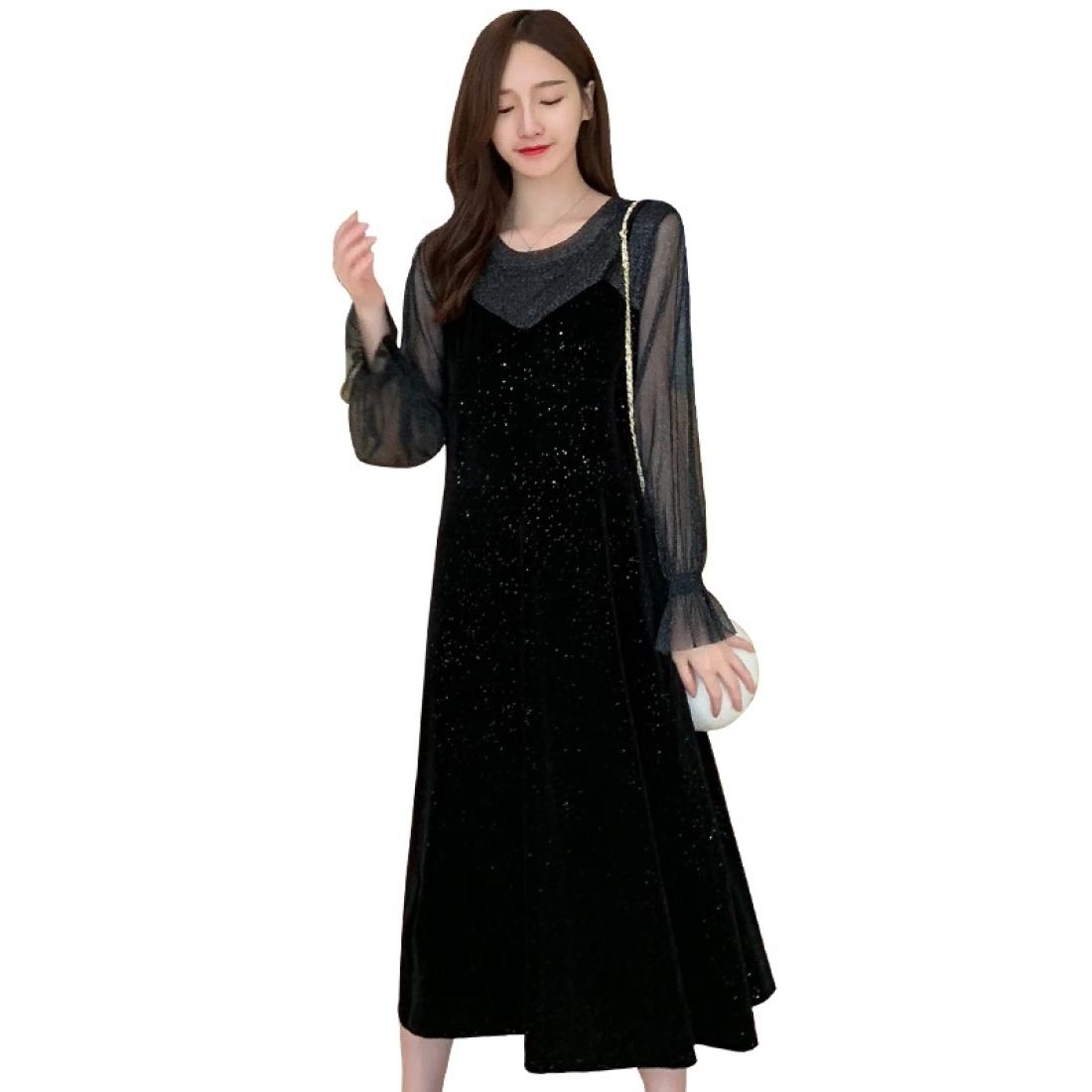 

Women Loose Gold Velvet Round Neck Dress