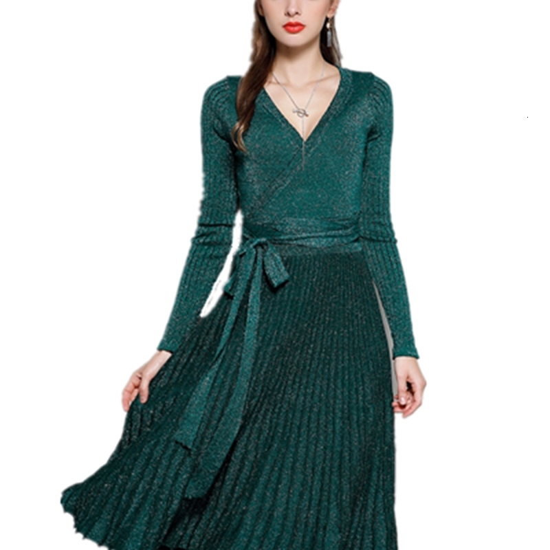 

2021 New Autumn Winter Vintage Bright Silk Sexy Cross v Neck Knitted Pleated Women Elegant Long Sleeve Party Sequin M6m2, Gray