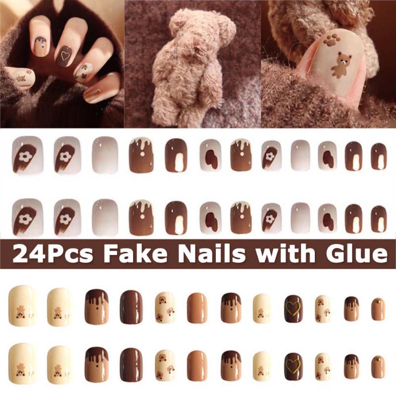 

24 Pieces of Square Head Bear Cream Chocolate Matte Fake Nails Nail Art Decoration Chic Short Square Head Full Glue Fake Nails, Jp1548