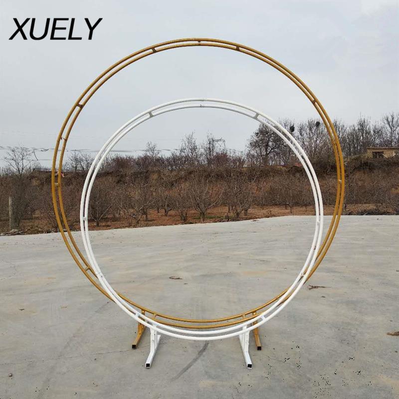 

Free Shipping Wedding Arch Frame Round Metal Frame Double arch Wedding Decorations Background Pillar Simulation Flower Wreath, B gold