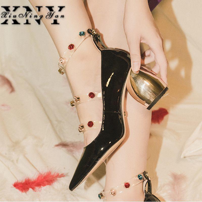 

2020 Woman Party Pumps Zipper Rivets Thick Strange Heel Spring Gold Heels Bridal Wedding Fashion Luxury Shoes Women Designers, Black 5cm