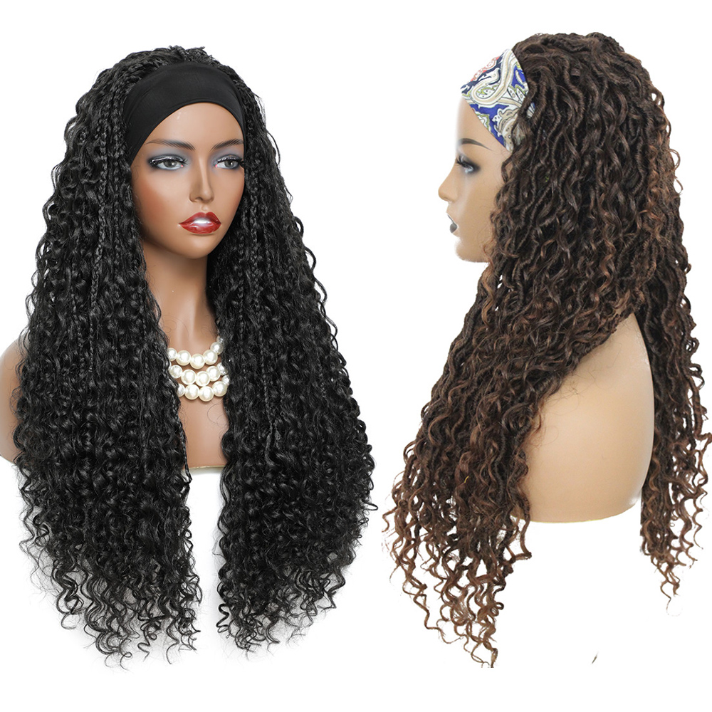 Costume Accessories Headband Wig Braided Wigs With Curly Faux Locs Crochet Braid Hair for Black Women Ombre 24 Inch Long Synthetic Braids-image-749077569