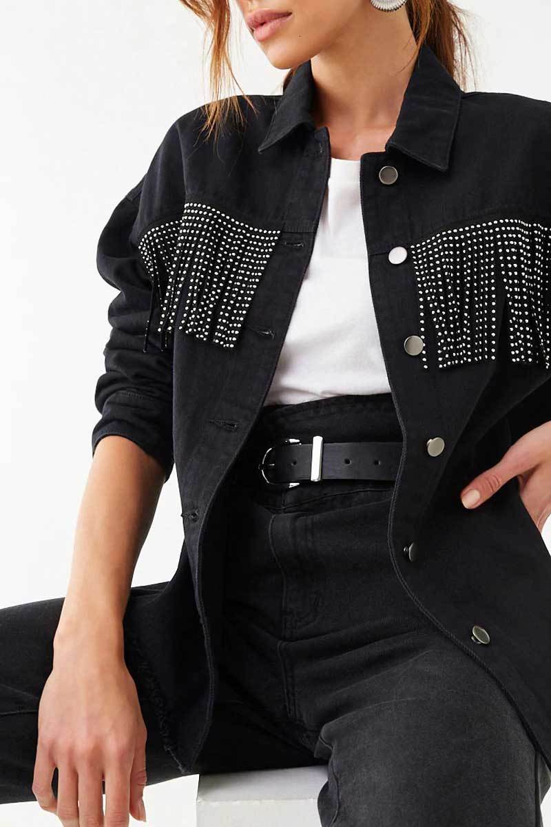 

New Black Boho Bangs Trim Denim for Women Long Sleeves Button Tassel Street Spring Jacket Summer Outwear Feminine C1ea