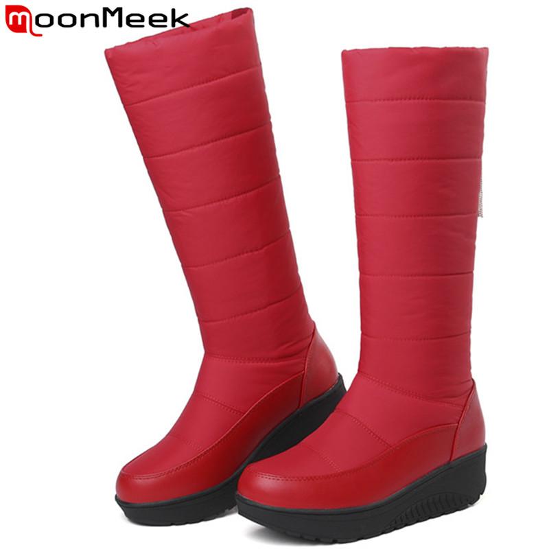 

MoonMeek big size fashion winter snow boots flat platform mid calf boots round toe down keep warm Water skid proof ladies, Black