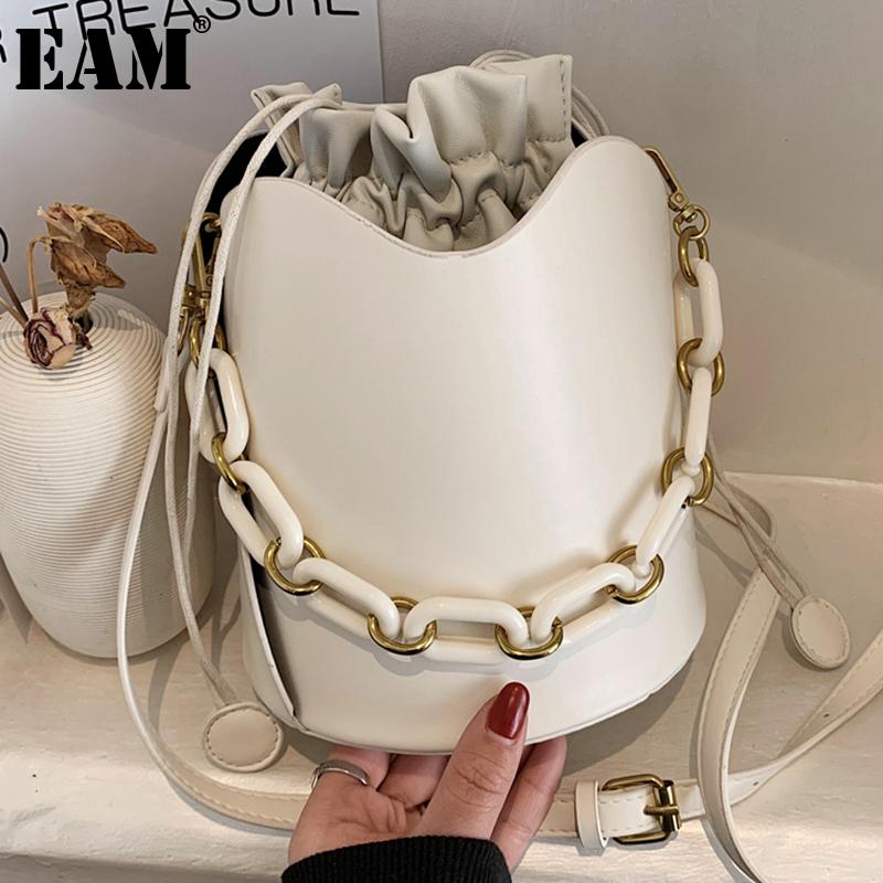 

[EAM] Women New Drawstring Bucket Handbag PU Leather Personality All-match Crossbody Shoulder Bag Fashion Tide 2021 18A1567, Beige