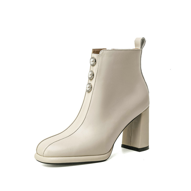 

2021 New Genuine Leather Women Ankle Boots Autumn Winter Thick High Heels Pumps Party Basic Shoes Woman Jq09, Beige