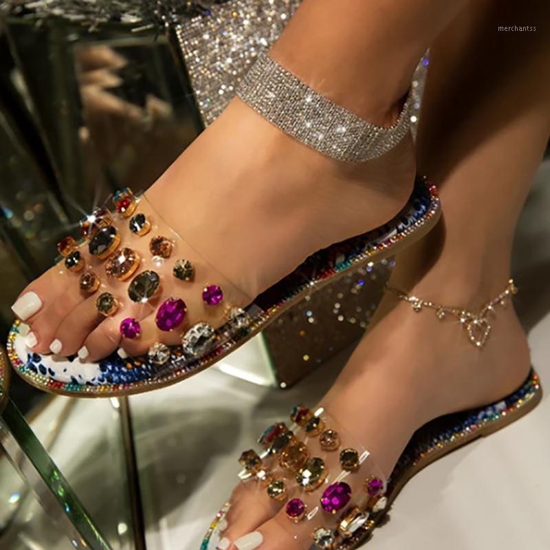 

Summer comfortable handmade flat-bottomed Women slippers Fashionable wild Roman rhinestones plus size outdoor slippers 35-431, Black