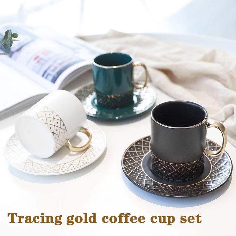 

Creative drawing gold coffee cup and saucer set Nordic style ceramic stirring cup European small luxury afternoon, Black